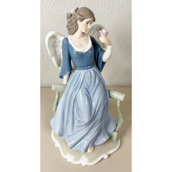 O'Well 13" Girl Angel Figure On Fence w/ Rose Porcelain Muted Pastel Quality EUC - Picture 1 of 8